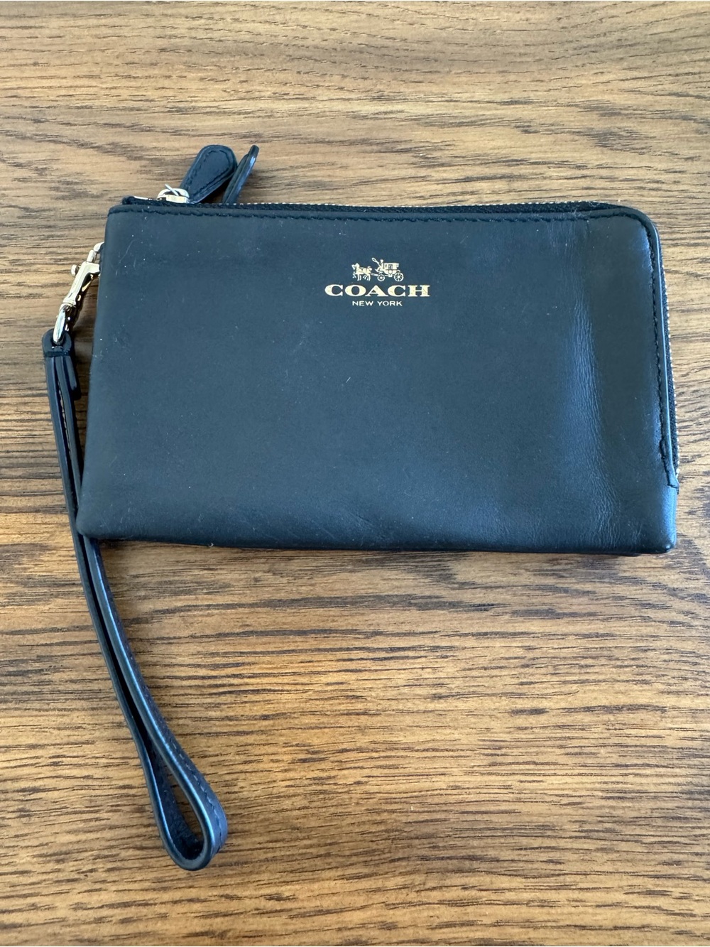 Coach Black Leather Zip Wristlet with Gold Logo